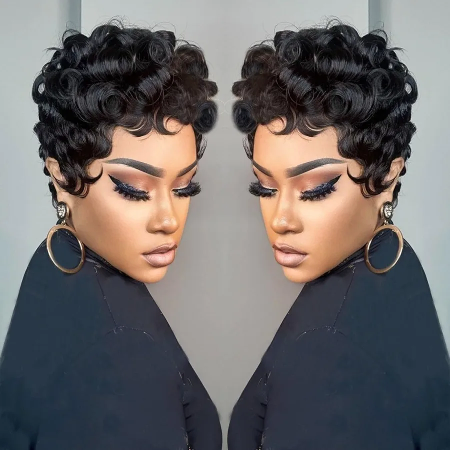 黒人女性向けショートピクシーウィッグ-カールピクシーカットデザイン-合成自然なウェーブヘア-フルマシンメイドウィッグ-日常使いに最適
