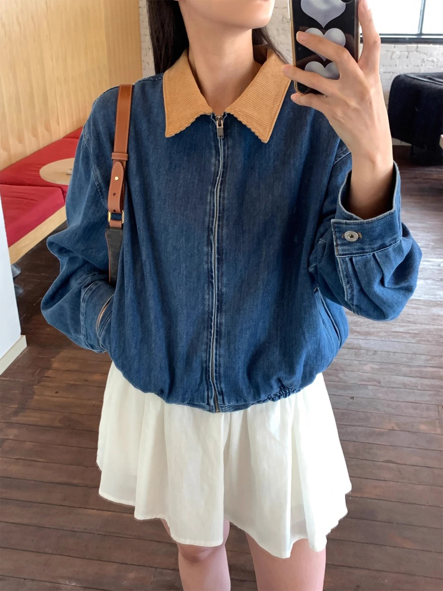 الرجعية اللون بلو الدنيم Jaet المرأة ort سستة طوق Jaet الخريف جديد Sle عادية فضفاضة تناسب السيدات Faion الأعلى #3