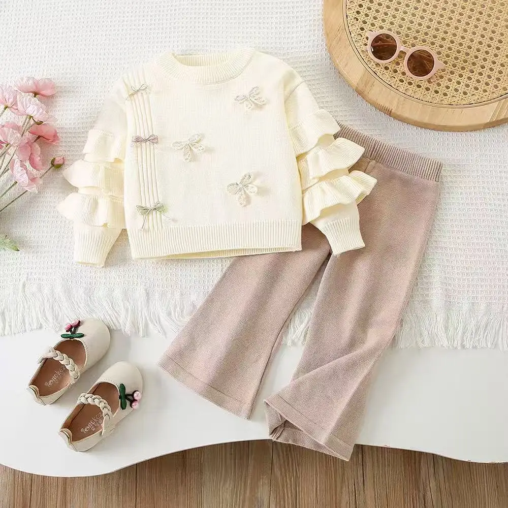 Korean Version Solid Color Girls' Two Piece Set Autumn/Winter New Toddler Girl Clothes Bow Knitted Long Sleeve Sweater + Pants