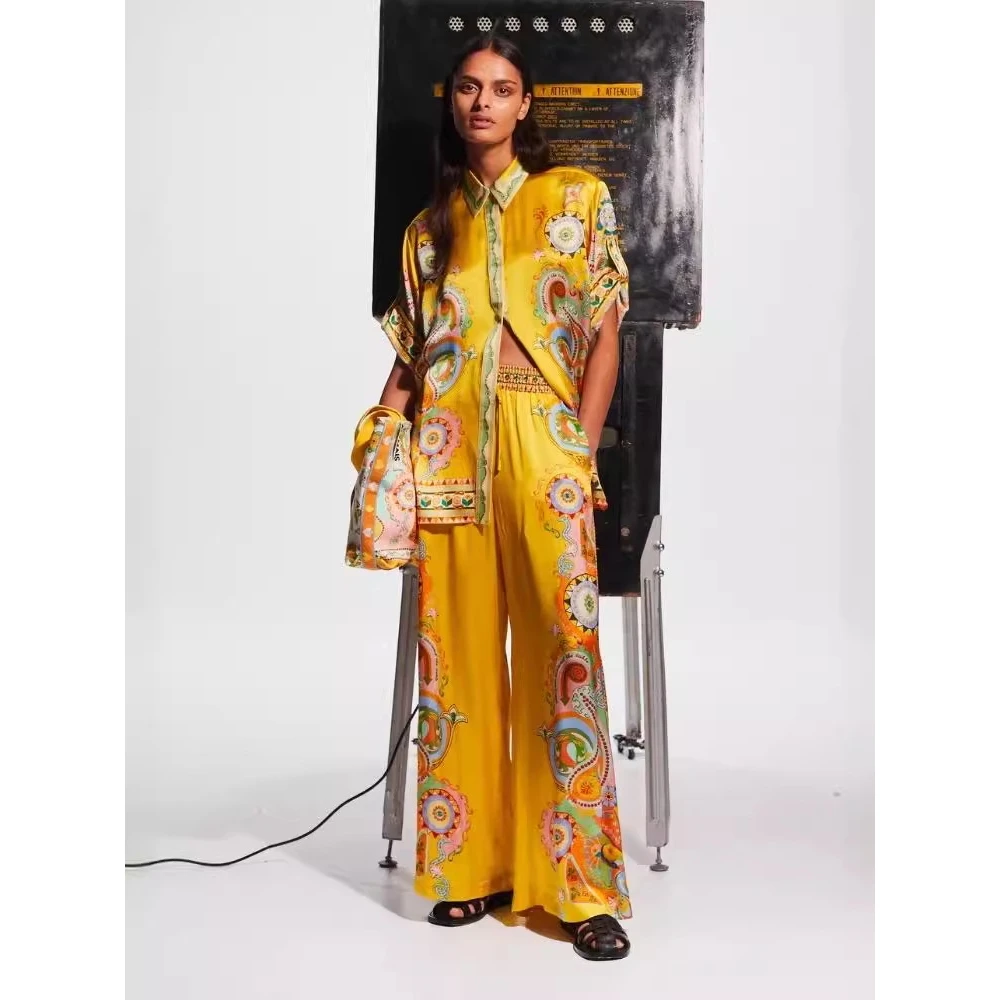 2024 Summer Fashion Satin Print Flower Short Sleeve Holiday Casual Rope Tie Set Women's Ethnic Wear Stage Costume