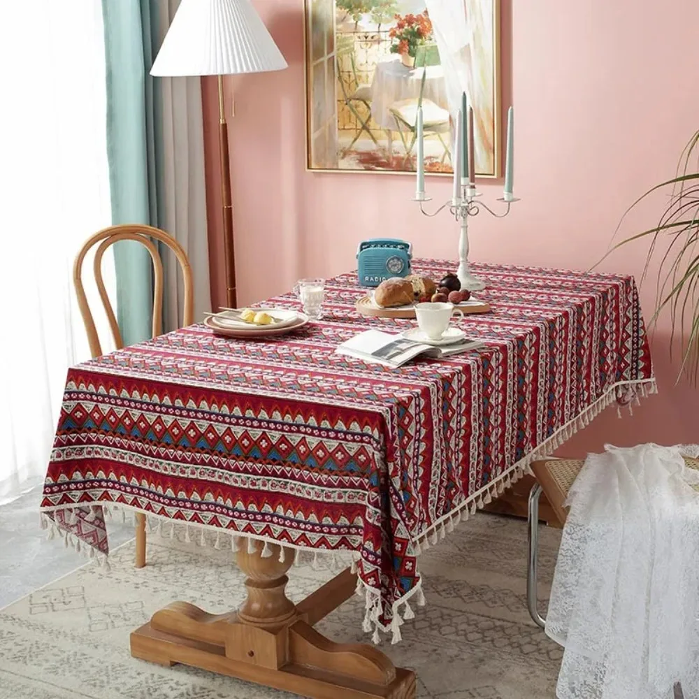 Nordic Style Ethnic Tablecloth Anti-slip with Tassel Table Cover Heat-resistant Rectangular Table Protecter Home Decoration