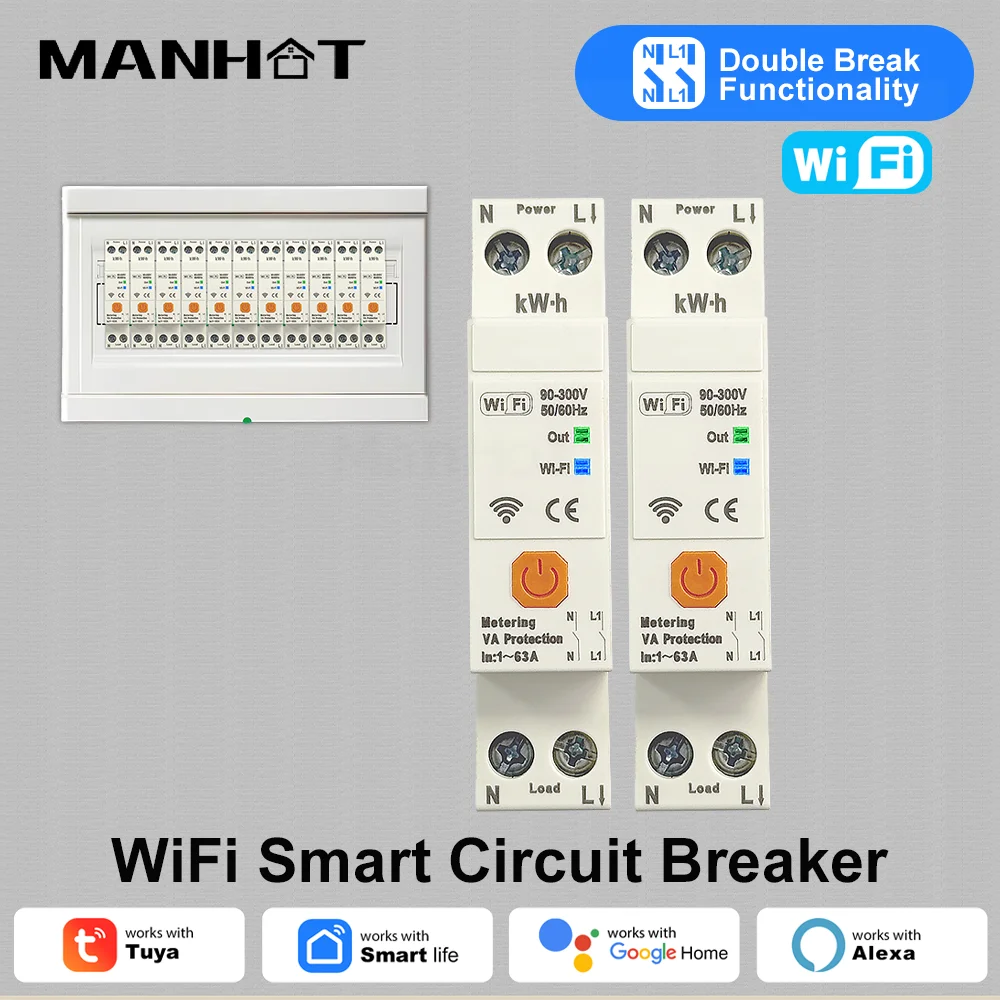 MANHOT 63A WIFI Smart Circuit Breaker Metering Smart Switch Timer with voltage and current protection Voice Control With Alexa