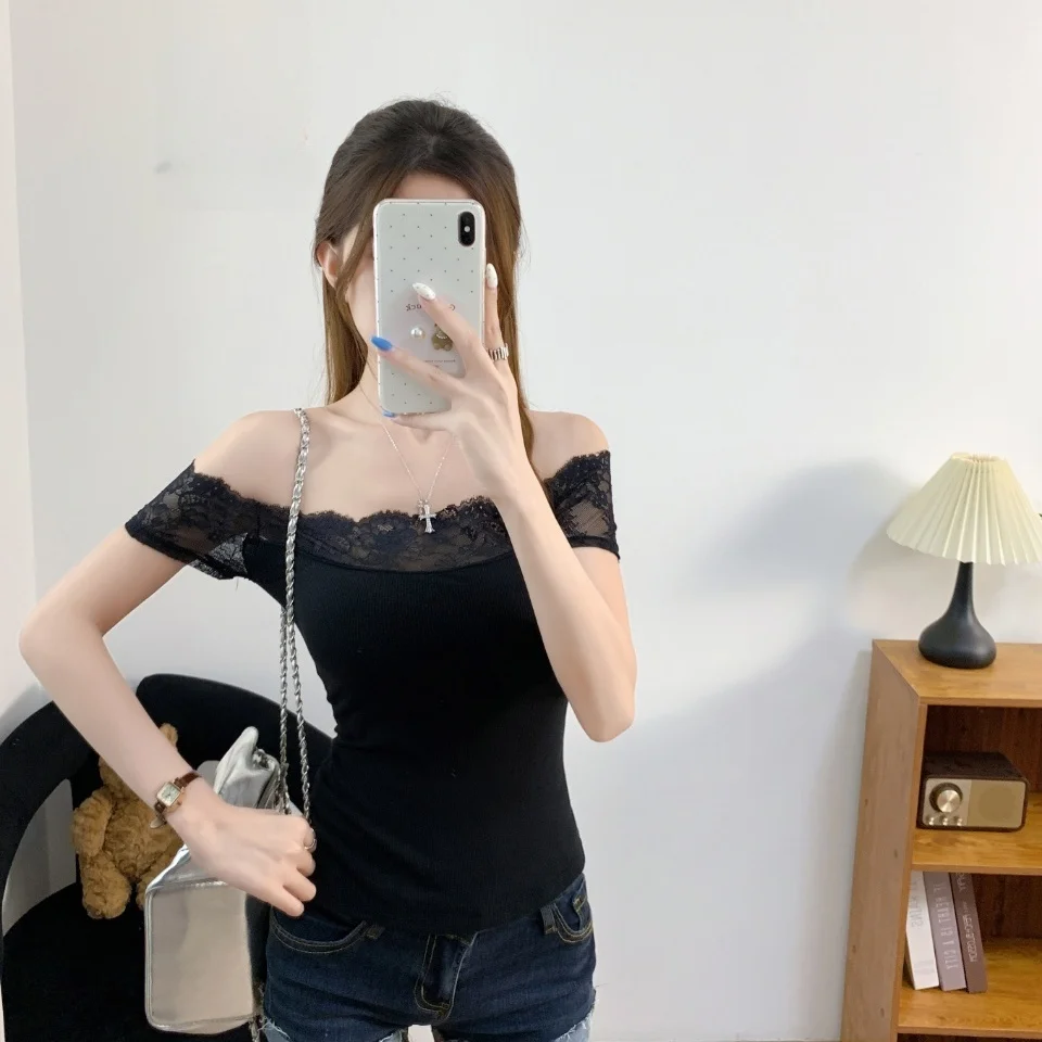 Summer New Pure Desire Style Lace Splice Short Sleeve T-Shirt Women's Slim Fit Integrated Chest Pad Top Sexy Style One Shoulder