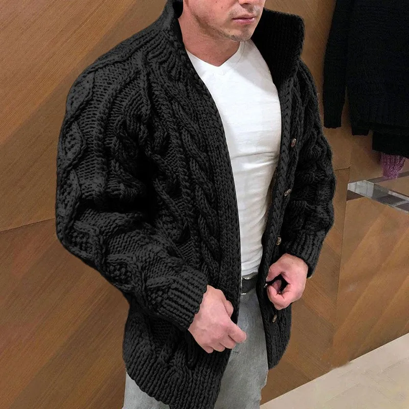 Herren Stehkragen Zopfmuster Strickjacke Dicker Knopfverschluss Pullover Jacke Vintage Langarm Warme Lässige Winter Strickoberbekleidung Mantel – Detail 7