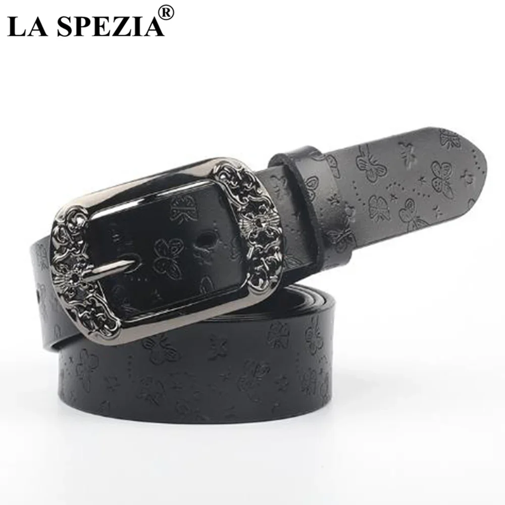 

LA SPEZIA Black Belt for Women Real Leather Pin Buckle Vintage Belts Female Genuine Cowskin Embossed Ladies Waist Belt 110cm