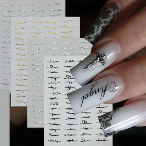 English Letter Nail Stickers 4Colors Simple Wind English String With Love Design Black Golden A string of English Nail Decals