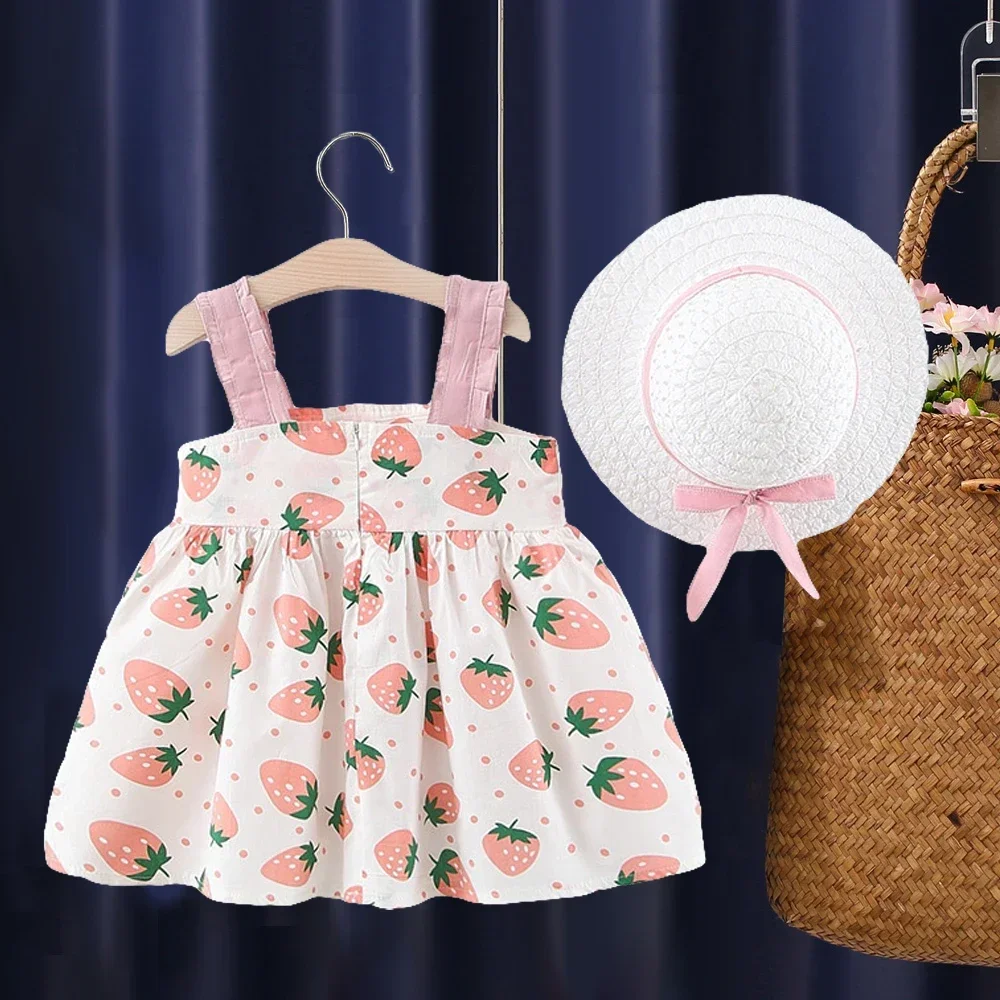 Summer New Girls Dress Halter Lace Pleated Strawberry Print Polka Dot + Hat Two-piece Set Birthday Party (0-3 Years Old Girls)