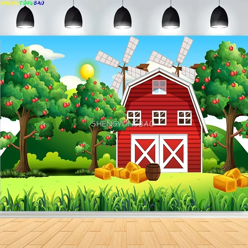 

Фермерская сцена старый фермер человек и милые животные фотографии фонов красный сарай ветряная мельница молочная корова фон для дня рождения NC-05
