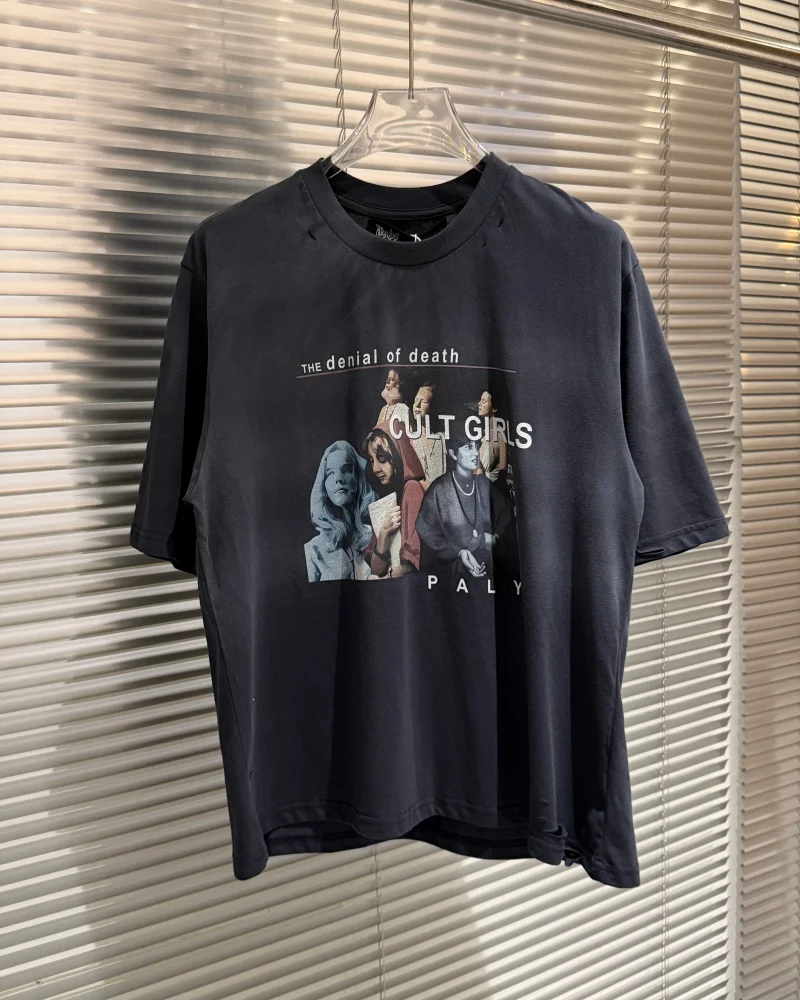 Latest High-End TEE Paly Retro Summer Fashion High-Quality Distressed Loose-Fit Short-Sleeve T-Shirt