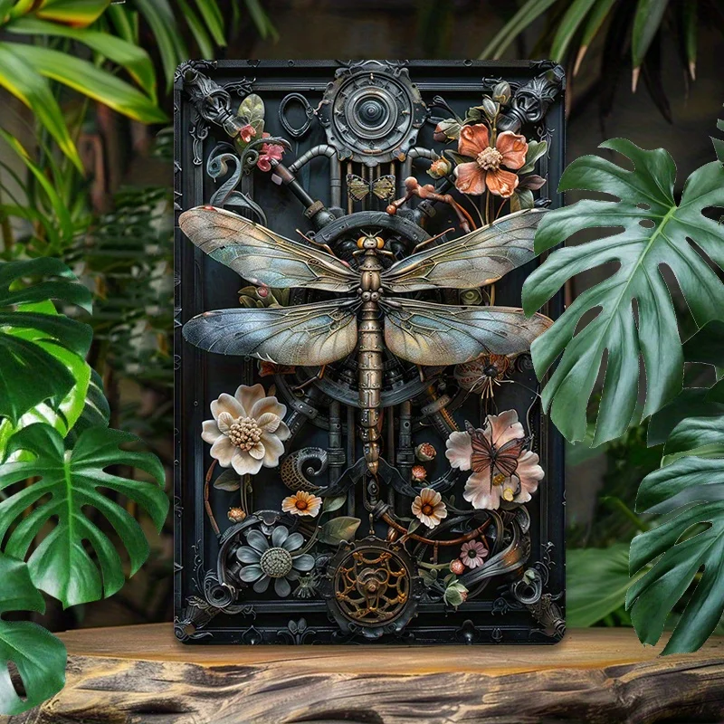 

Steampunk Dragonfly Aluminum Wall Art, 3D Metal Sign Decor with Vintage Floral & Gears, Decorative Wall Poster, 8X12 In/12X18 In