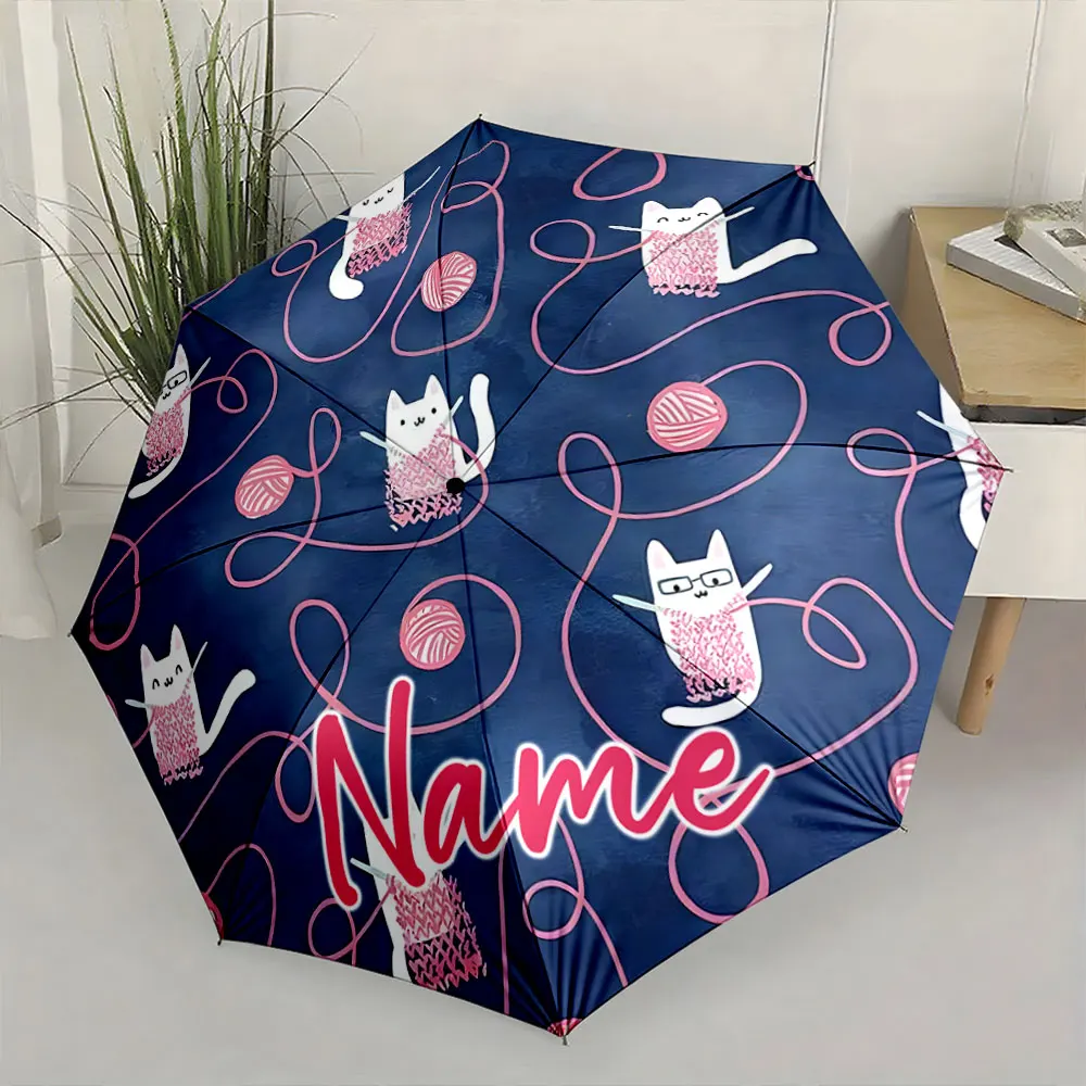 Custom Name Adorable Cats Playing with Yarn on a Blue Umbrella Print 8 Iron Ribs Folding Umbrella Auto-Open Fashion Sunshade