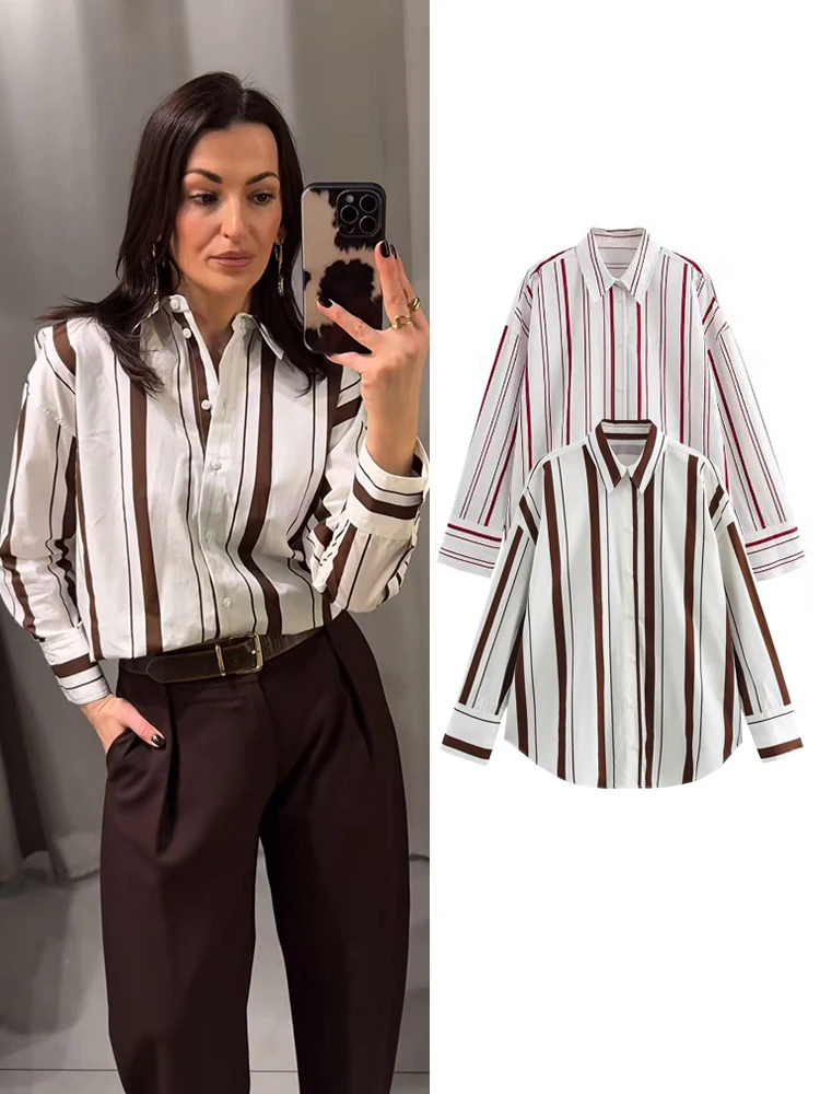 Mode printemps femmes chemises nouveau col rabattu rayé simple boutonnage simplicité loisirs ample à manches longues hauts