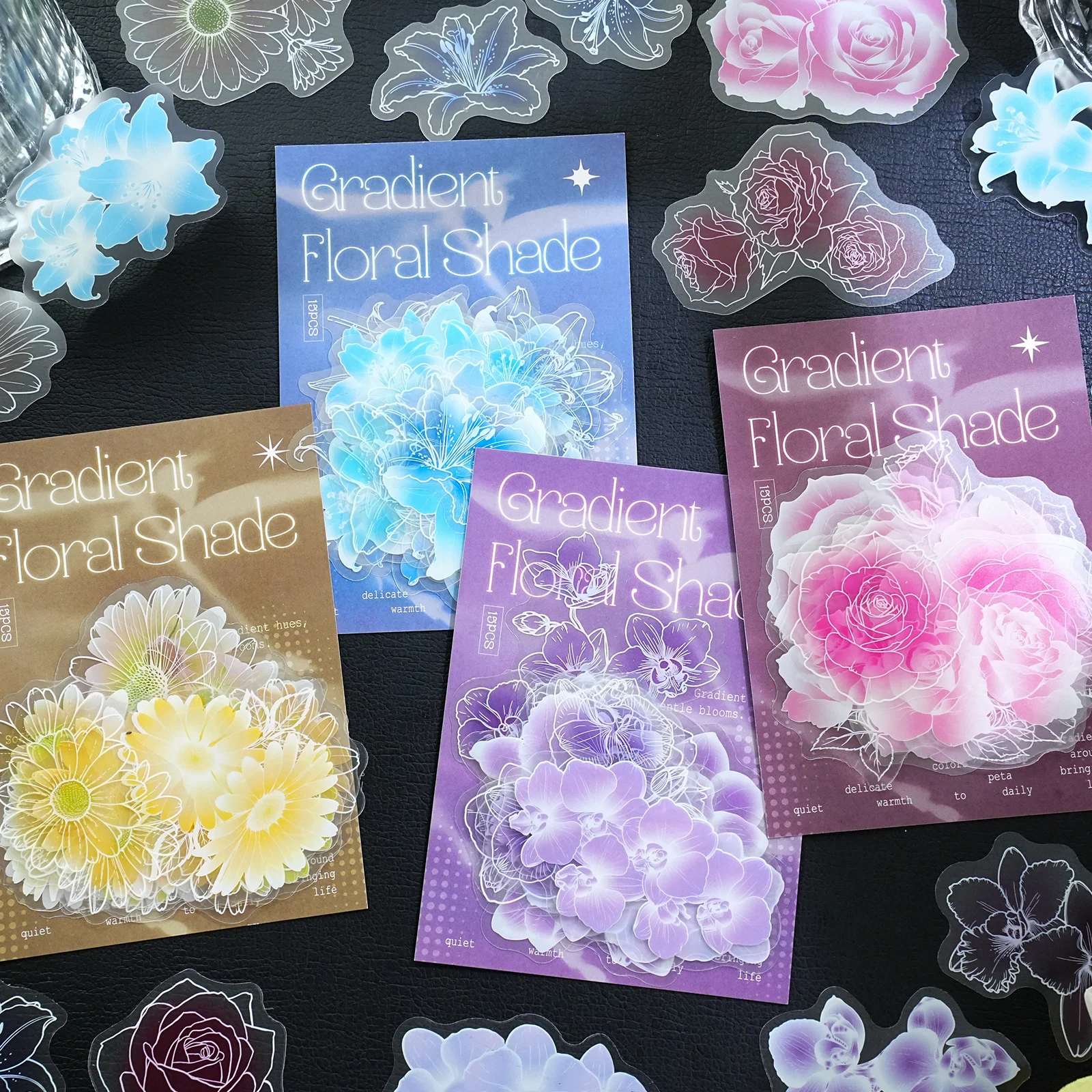 Korean Lifestyle Aesthetic - エトリライフ カラフルフローラルシャドウセット - 半透明の花柄ベーシックスタイル多用途ステッカーパック。ノート、携帯電話、ギター、フォトアルバム、ハンドバッグ、水筒、スクラップブッキング用品、オフィス装飾、室内装飾、芸術的美学、カード作成、学用品、韓国文具、子供用ステッカーに適しています。