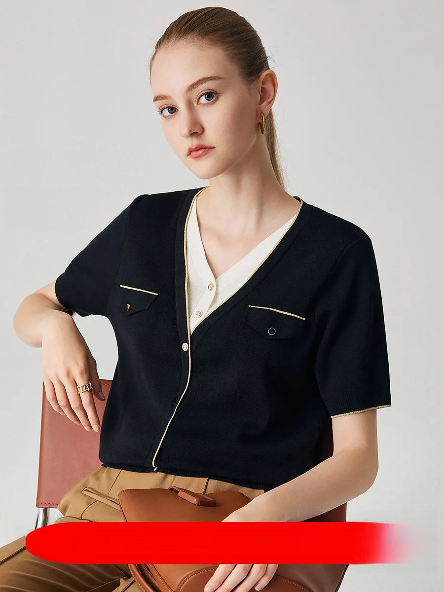 

Женская летняя модная футболка Zhaojun с V-образным вырезом, вязаная, с цветовыми блоками, из смесового хлопка и шелка, готовая к носке