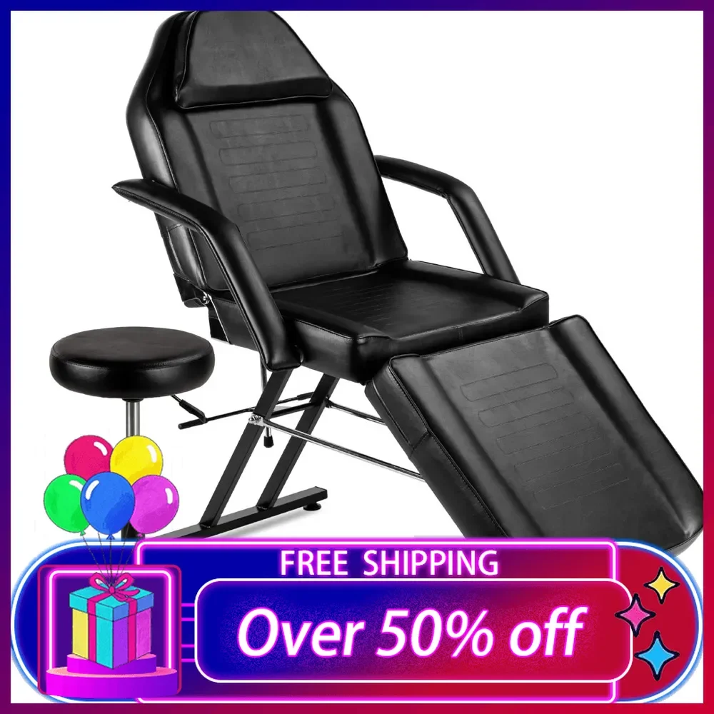 

71in 3-Section Multipurpose Massage Bed, Spa & Salon Facial, Tattoo Chair w/Hydraulic Stool, Removable Headrest, Facial Cradle