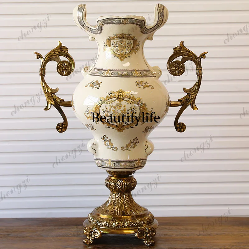 Living room decorative alloy ceramic vase, European new Chinese high-footed binaural large vase