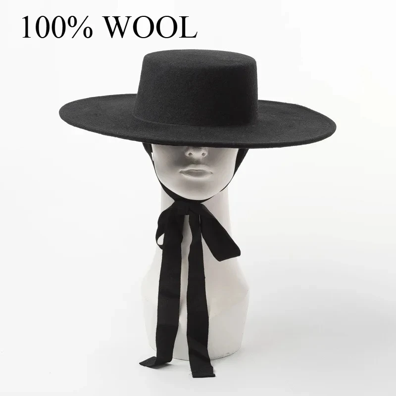 2027 New utumn and winter Fashion Simple Woolen Woolen Top Hat Ladies Wool Felt Bandage Flat Hat felt with straps European