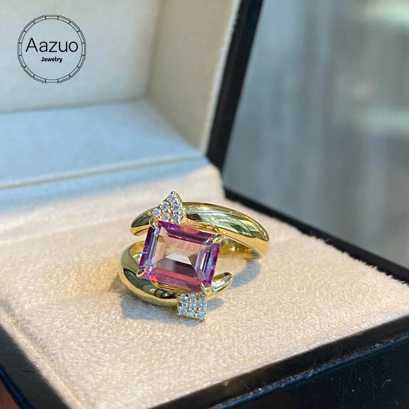 Aazuo Fine Jewelry 18K Solid Yellow Gold Natrual Topaz Real Diamond Fairy Ring Gifted For Woman Wedding Day Deluxe Banquet Party