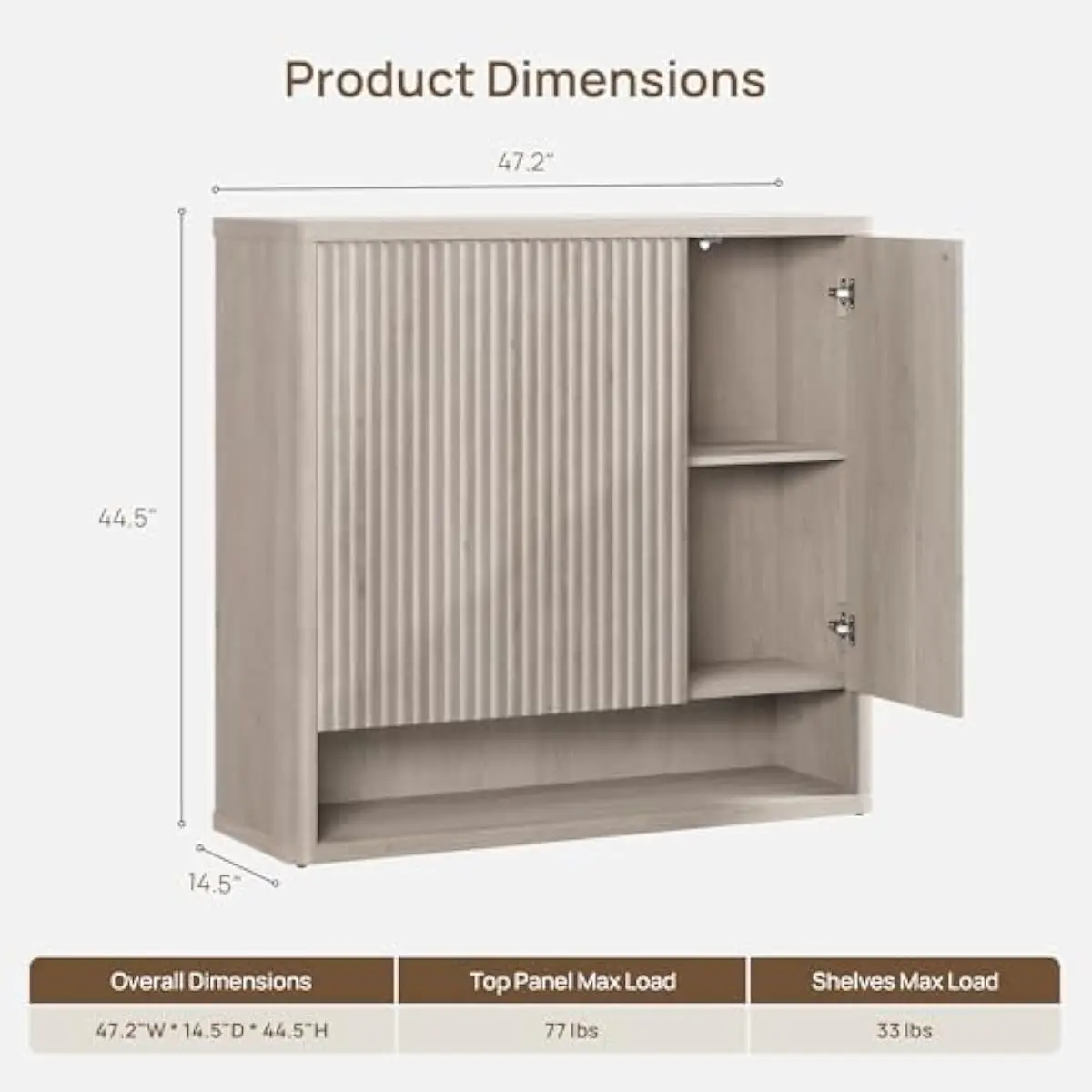Freestanding engineered wood shoe cabinet 47.2 inches wide x 14.6 deep x 44.5 high with fluted texture dual-zone interior four h