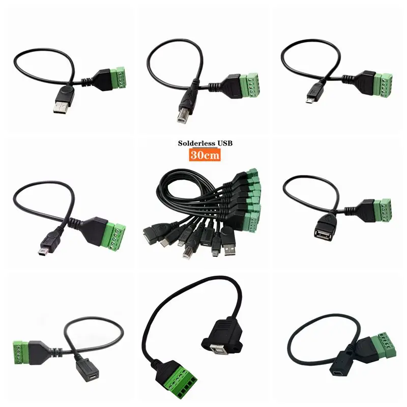 Solderless USB Connector USB AM/AF Printing BMBF Micro 5P/Mini 5P Male And Female Green Solderless Terminal Connection Wire 0.3m