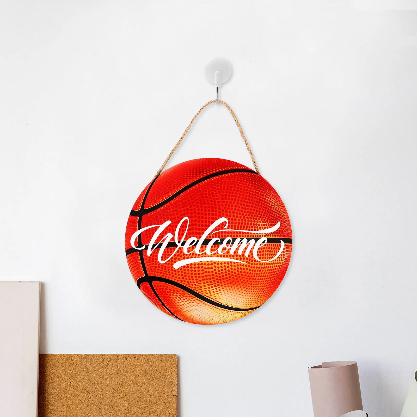Round Wooden Welcome Sign Basketball Shape Wall Hanging Door Decor Basketball Team Gift Outdoor Indoor Sports Welcome Plaque