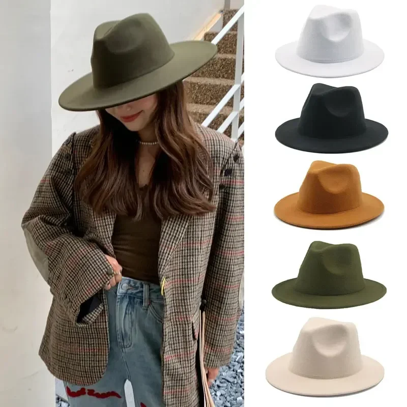 French Women Hat Big Wide Brim 10CM Fedora Hat Winter Wool Wedding Decorate Panama Cap Jazz Hats Flat Top Felt Caps Gorro