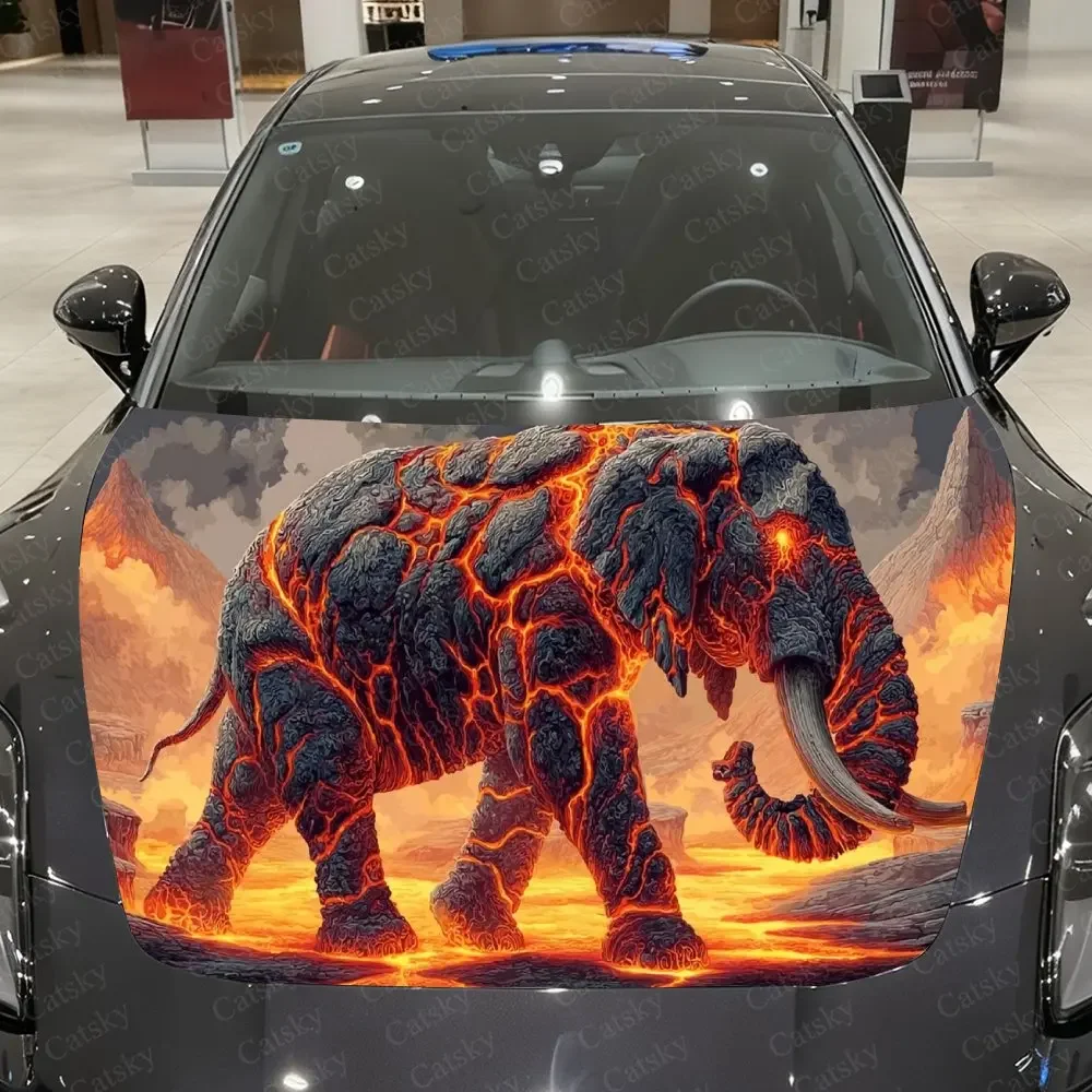 Lava Giant Elephant with Surging Flame Veins Car Vinyl Wrap, PVC Material Waterproof Car Hood Sticker, Self-Adhesive Scratch-Res