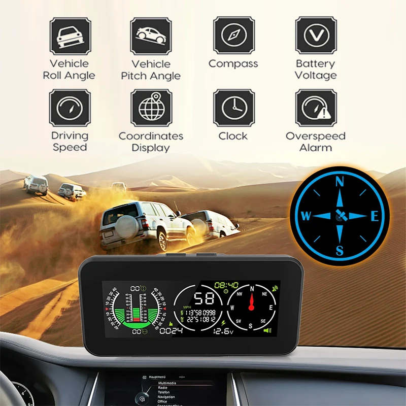 M60 Head Up Display Speed Slope Meter KMH MPH Digital GPS Compass Car HUD Clock Voltmeter Over-speed Alarm 12V-24V Universal