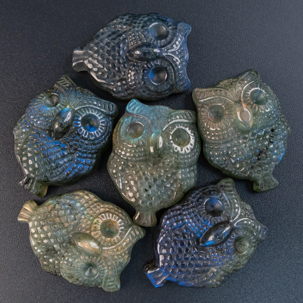 1Pcs Labradorite Pendant Component 36X26X12mm Blue Flash Owl Carved Healing Gem with Hole for Jewelry Making DIY Necklace