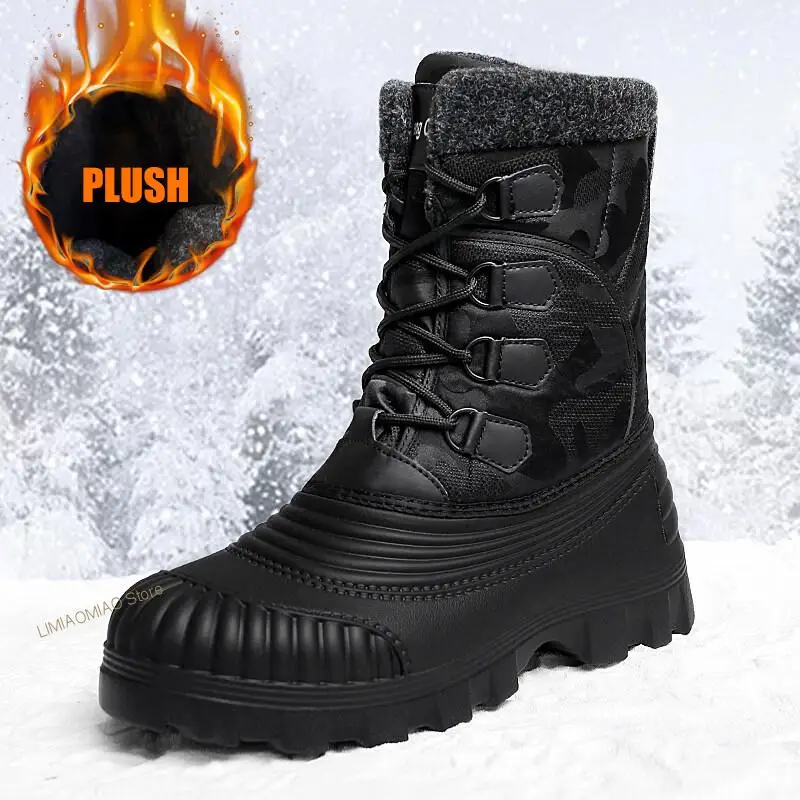 New Men Winter Boots Plush Fleece Durable Non-Slip Lace-Up Thick Sole Male Shoes Outdoor Warm Luxury Ankle Boots