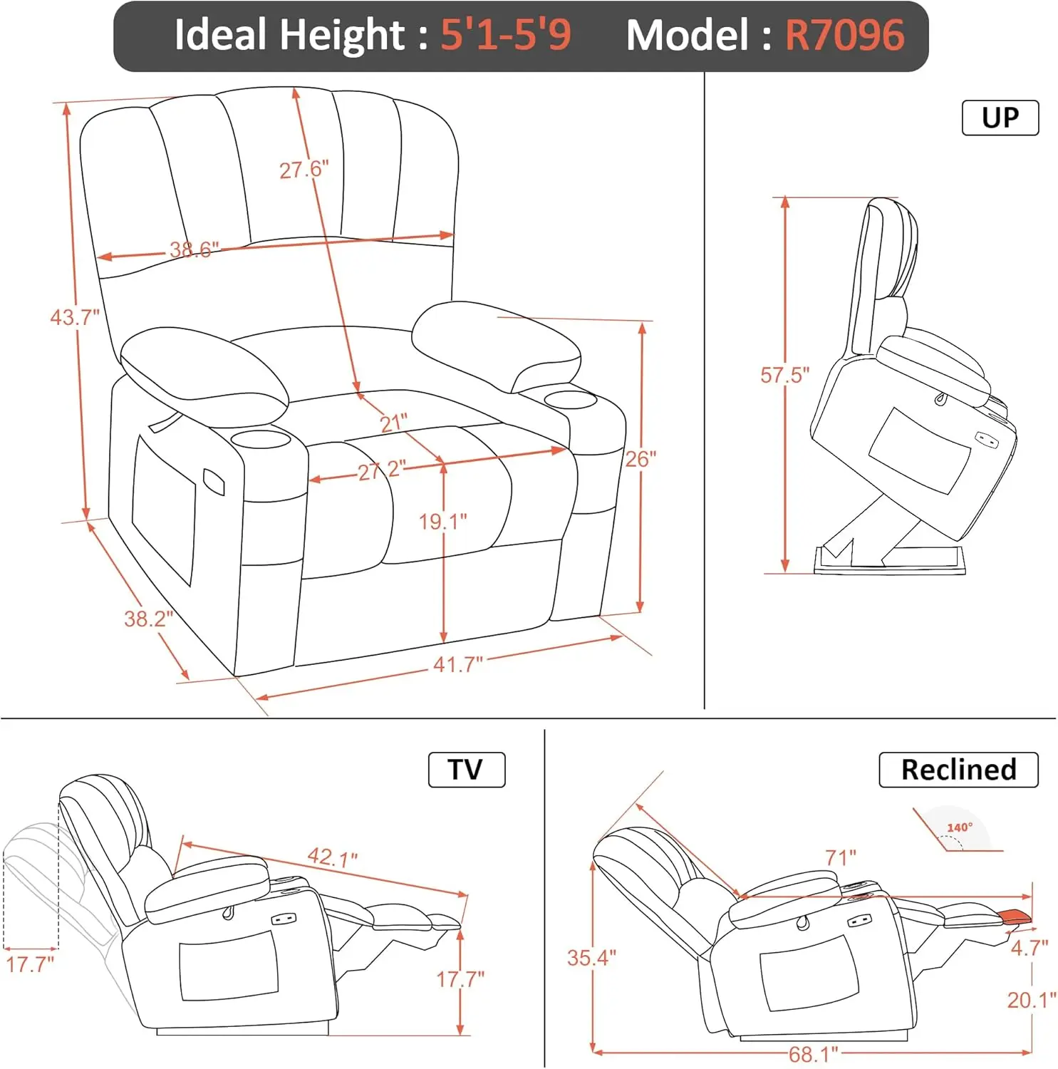 Power Lift Fauteuil Stoel Bank en Warmte voor Grote Ouderen Bekerhouders USB-poorten Zijzakken Stof R7096