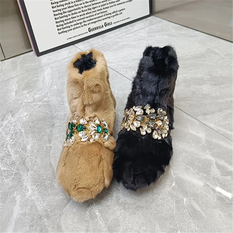 Fashion Crystal Winter Warm Furry Botines Mujer Real Mink Fur Snow Boots Thick Sole Platform Shoes Skidproof Creepers Flats