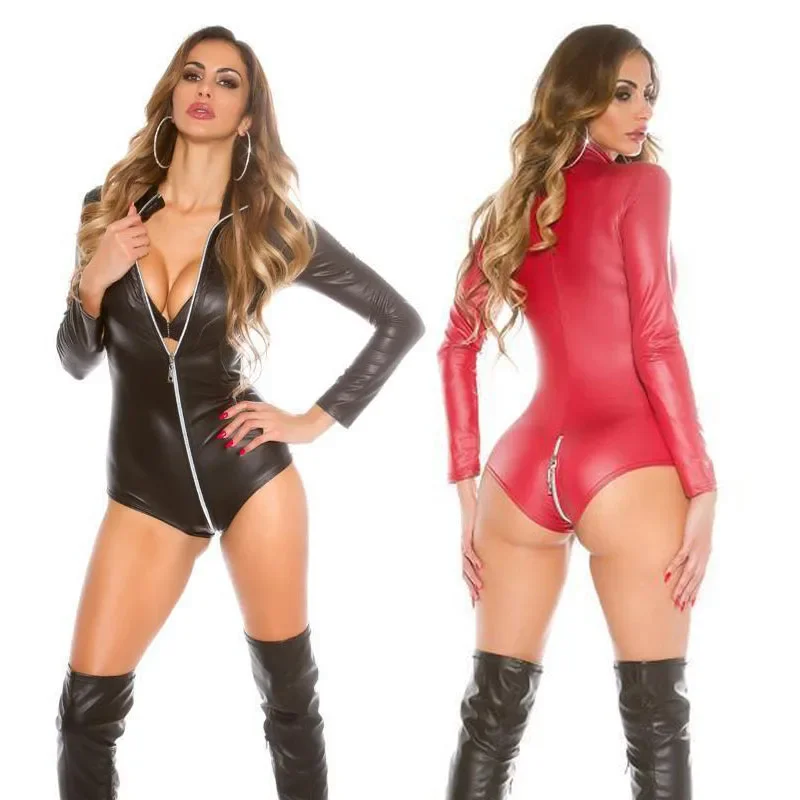 

Sexy Long Sleeve Faux Leather Bodysuit Lingerie Open Crotch Zipper Front Catsuit Women Erotic Vinyl Lingerie Pole Dance Costumes