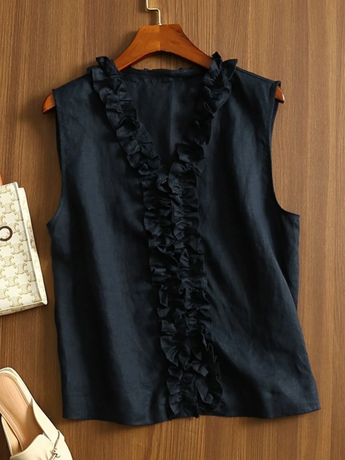 Unieke V-Ne Svel irt Dames Faion Retro Vest Pure Kleur Veelzijdige Zomer 2025, Sle Koreaanse Straight Cut Zijden Top