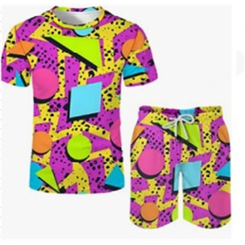 

New Retro 80s 90s Geometry 3D Print Men's Suits T-Shirts Shorts 2-Piece Sets Casual Tracksuits Streetwear Oversized Man Clothing