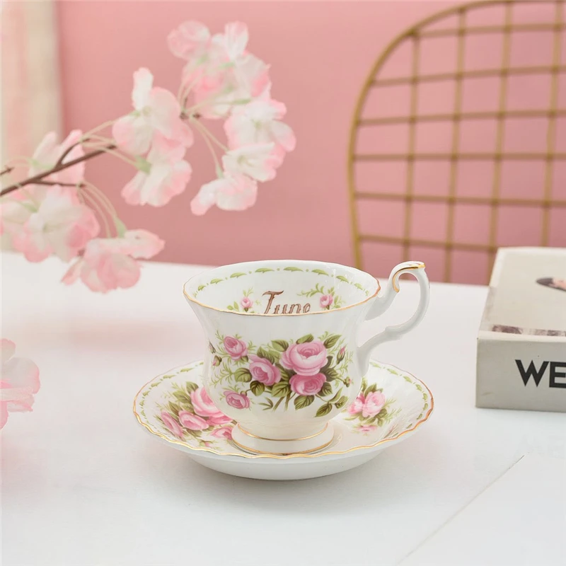 Coffee Cup and Saucer Set Month Flower Mug Bone China Drinking Set Ceramic Cup and Saucer Home Teacup Dessert Saucer Gifts - Image 3