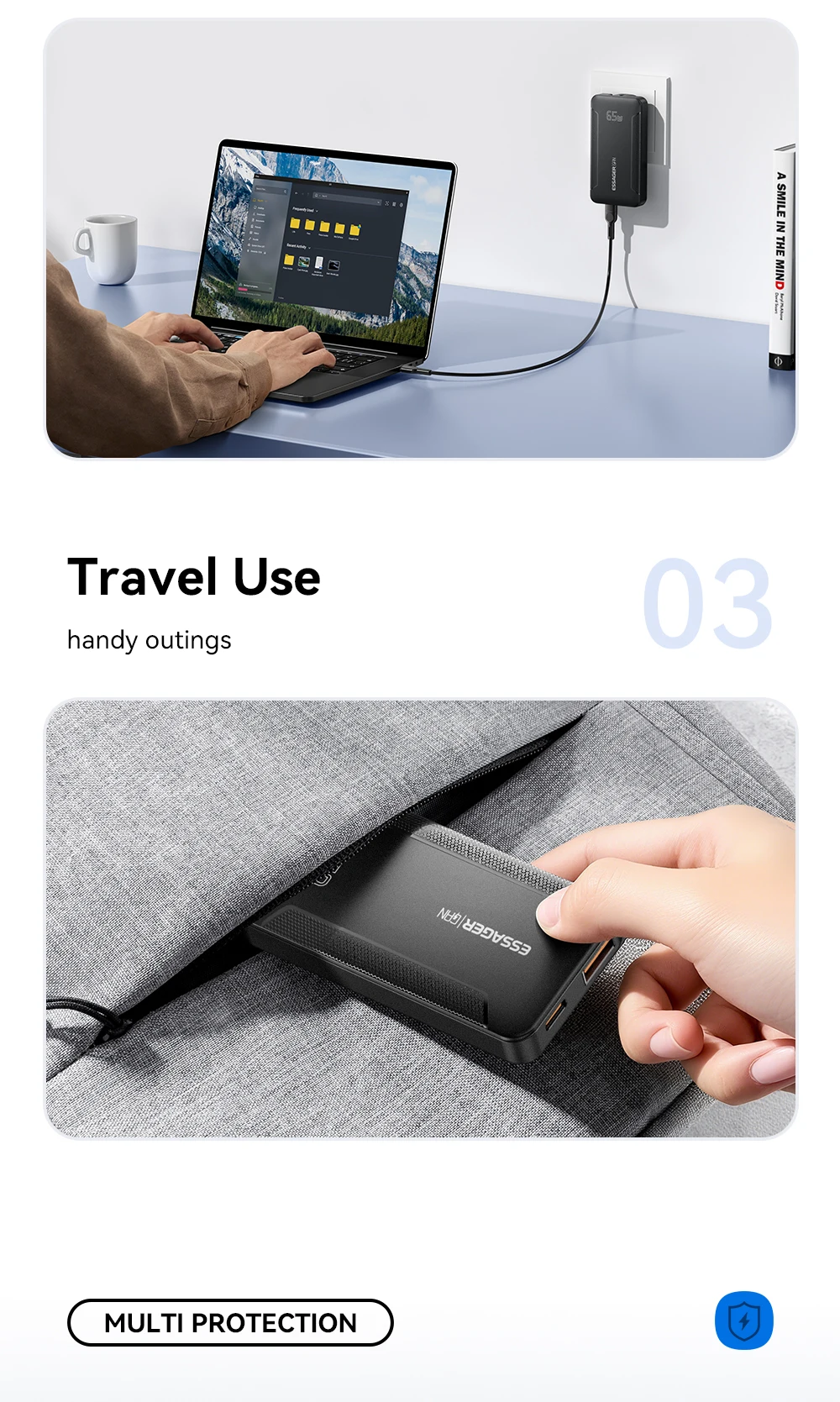 Essager Slim 65 W GaN Reiseladegerät USB A Typ C Tragbares Ladegerät Klappbares Schnellladegerät für iPhone 17 16 Samsung MacBook Laptop – Detail 9