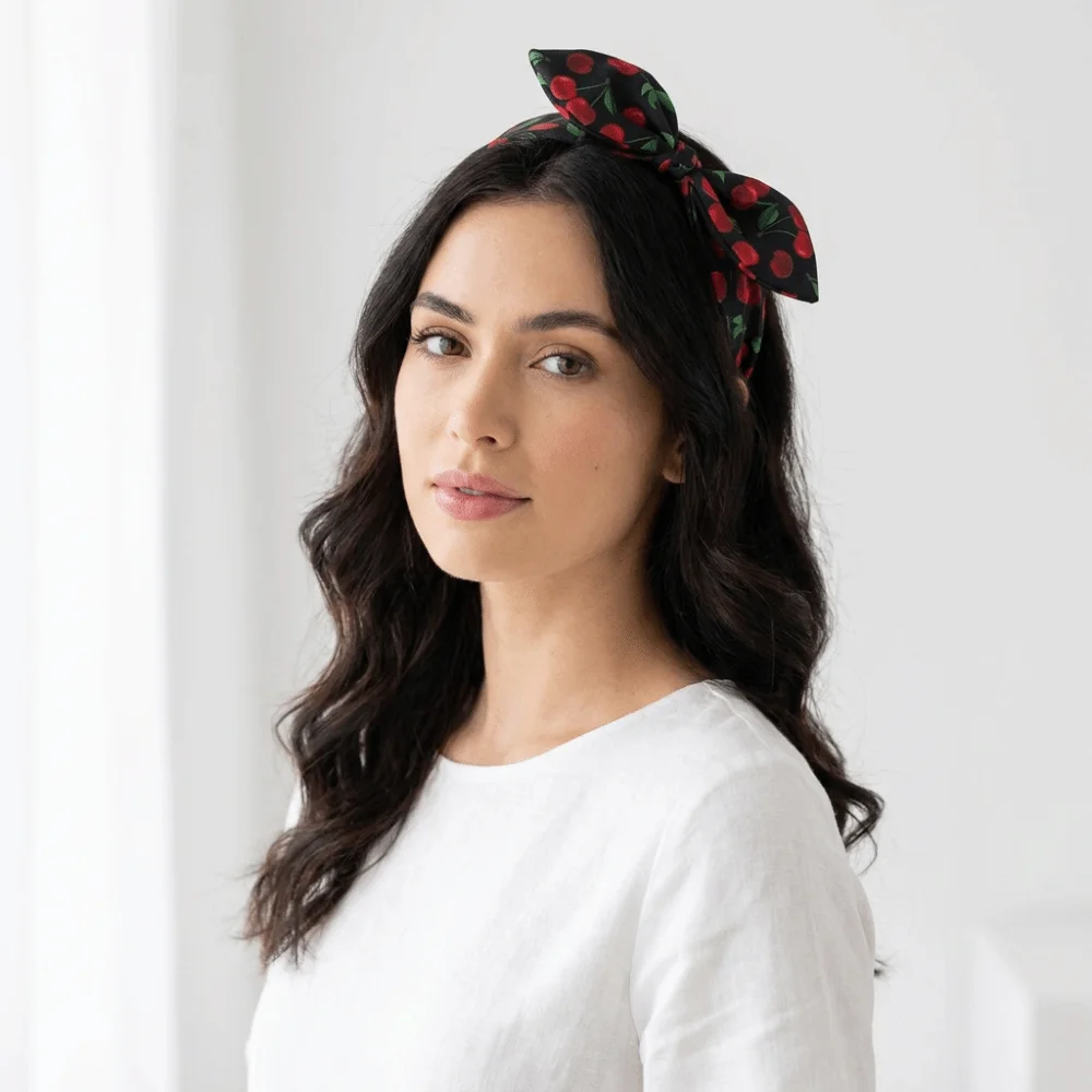 Trend Casual Multicolor Cherry Printed Headband Sweet Knotted Wide Edge Hair Hoop Polyester Bow Hair Styling Tool Gift Giving