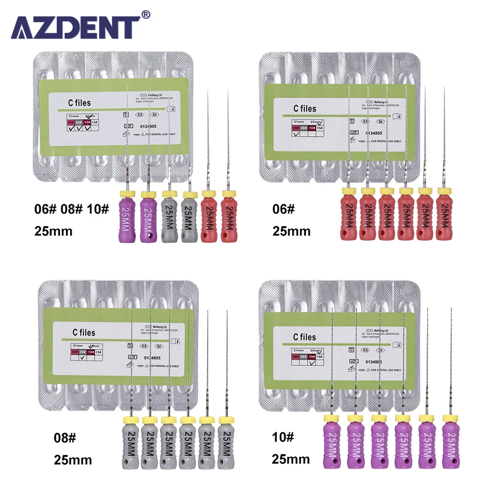 

AZDENT 6 Pcs/Pack Dental Hand Use C Files Endo Root Canal 25mm #6 #8 #10 Stainless Steel Endodontics Files Dental Instrument