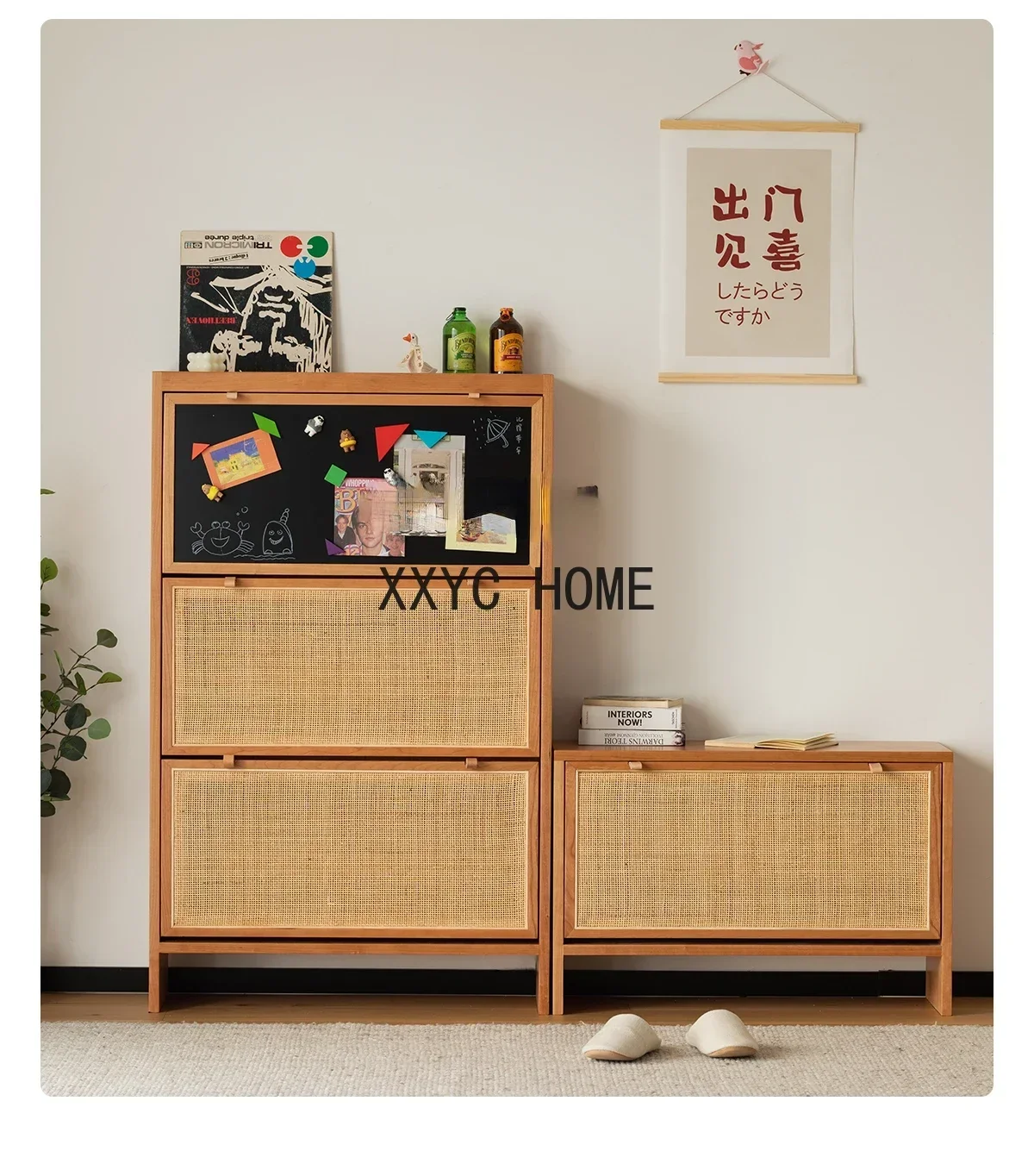 

Nordic Solid Wood Shoe Cabinet Home Doorway Ultra-Thin Japanese Rattan Hallway Storage Cabinet