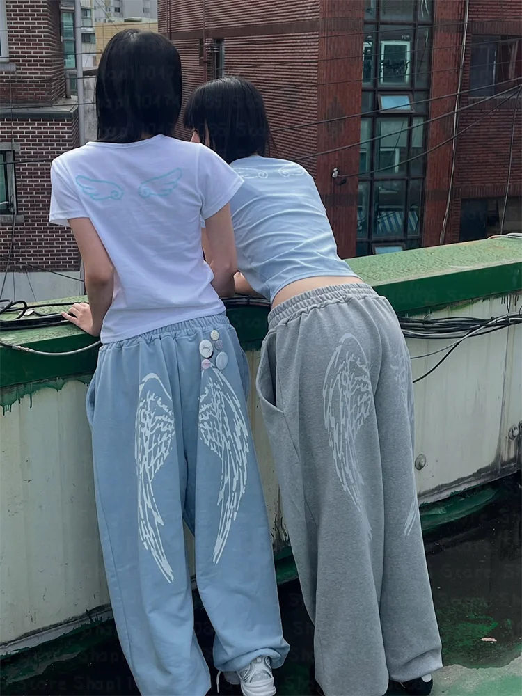 Y2k pants pattern wings personalized angel print loose women jogging pants fresh retro Korean stre sexy  High Street Hot Girl