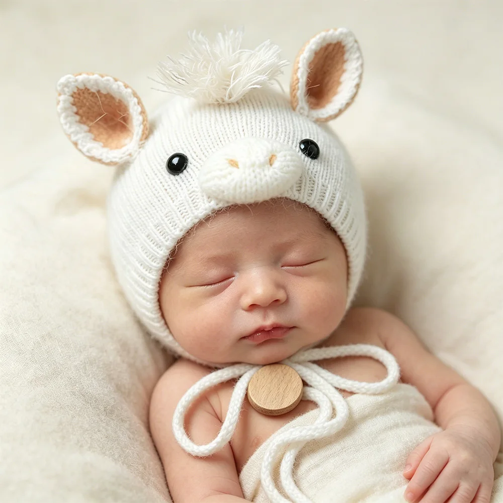 Topi Kuda Rajut Buatan Tangan Multi-warna + Boneka 2 Buah/Set Alat Peraga Fotografi Bayi Baru Lahir Profesional Alat Peraga Foto Tonggak Pertama Bayi Studio