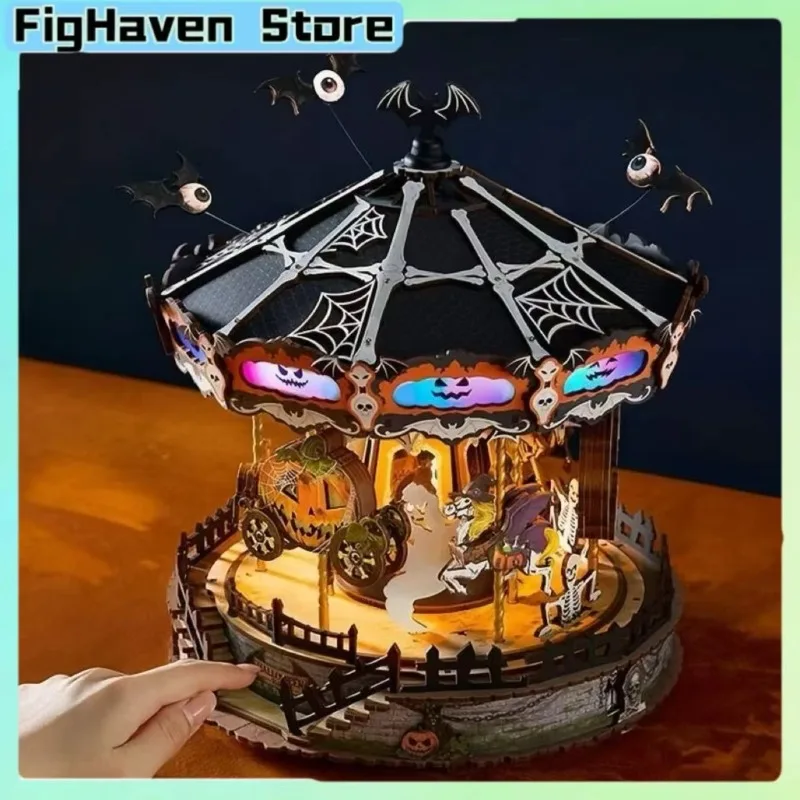 Halloween Carousel 3D DIY Wooden Puzzle Rotatable Music Box Model With LED Light Pumpkin Ghost Skeleton Mini Building Kit Gift