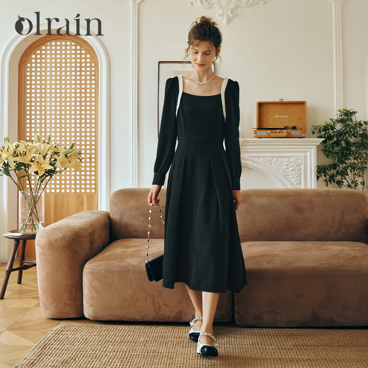 

OLrain Elegant Women's Black Dresses 2025 Spring Simple Style Office Lady Square Neck A-Line Folds Long Dress Party O23QL82639