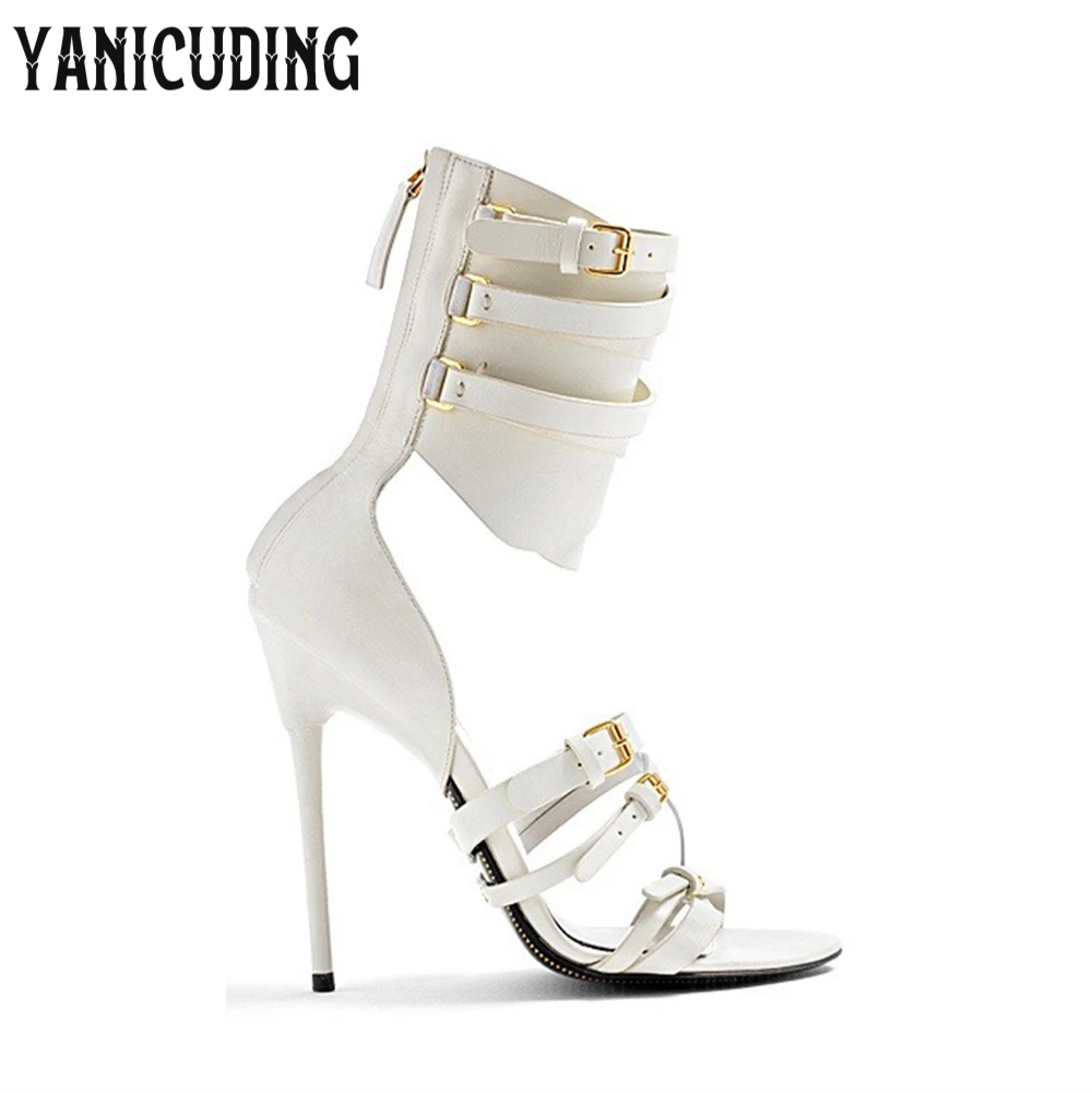 Luxury Gladiator Stiletto Sandals Multi-strap Buckle Design Summer Shoes Black Patent Leather Triple Buckle Ankle Cuff Sandals