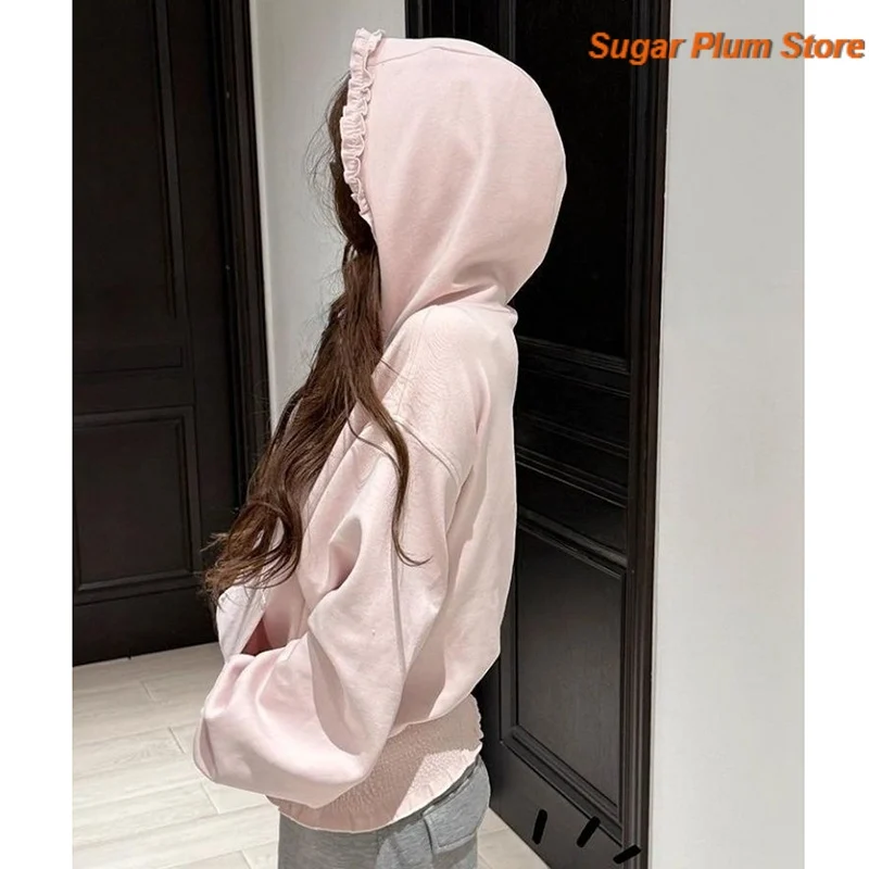 Japanese Sweet Wind Women's Autumn New Loose Version Hooded Zipper Sweater Pleated Lace Breathable Soft Leisure Skin-friendly.