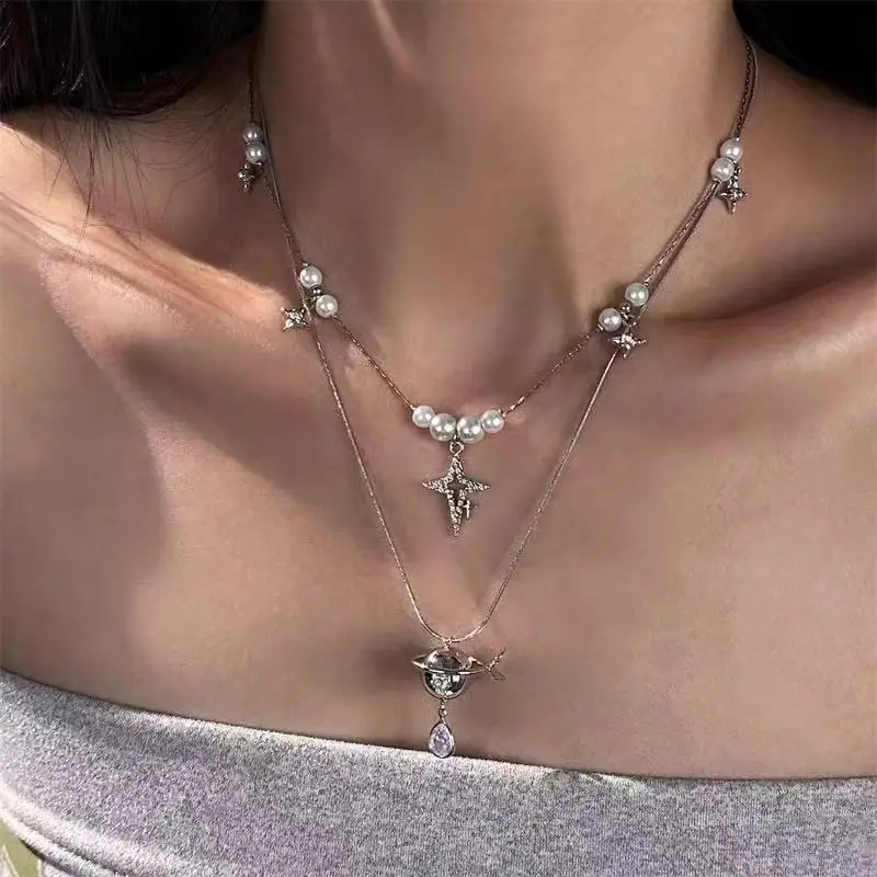 Unique Pearl Saturn Planet Necklace For Women Fashion Star Silver Color Collar Chain Jewelry Accessory Office Party Girls Gift