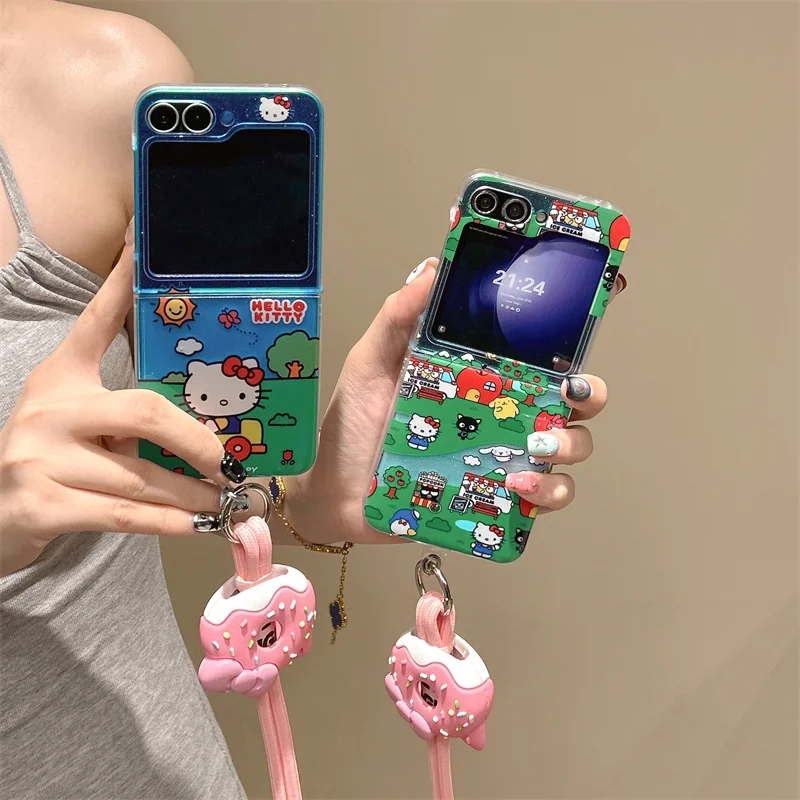 

Fashion Cute Cartoon Hellokitty Phone Case For Samsung Galaxy Z Flip 7 6 5 ZFlip6 ZFlip7 Cover with Lanyard Hard Cases