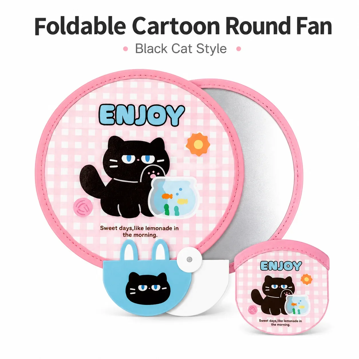 Cute Lightweight Foldable Round Fan, Memory Frame Anti-Deformation Dual-Use, Beach Camping Portable Cooling Fan