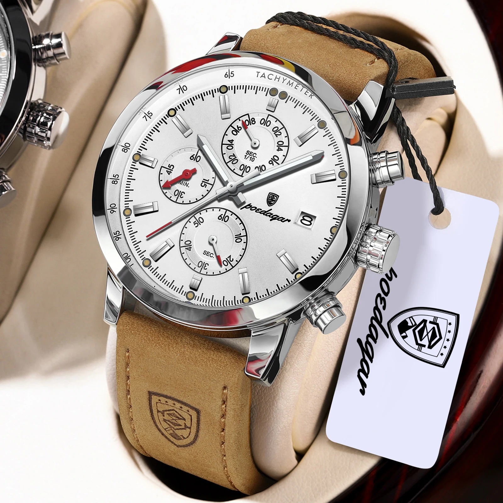 POEDAGAR Original Herrenuhr mit Datumsanzeige, Wasserdicht, Leuchtend, Chronograph, Quarz-Armbanduhr, Leder-Businessuhr für Männer, Herrenuhr, Reloj